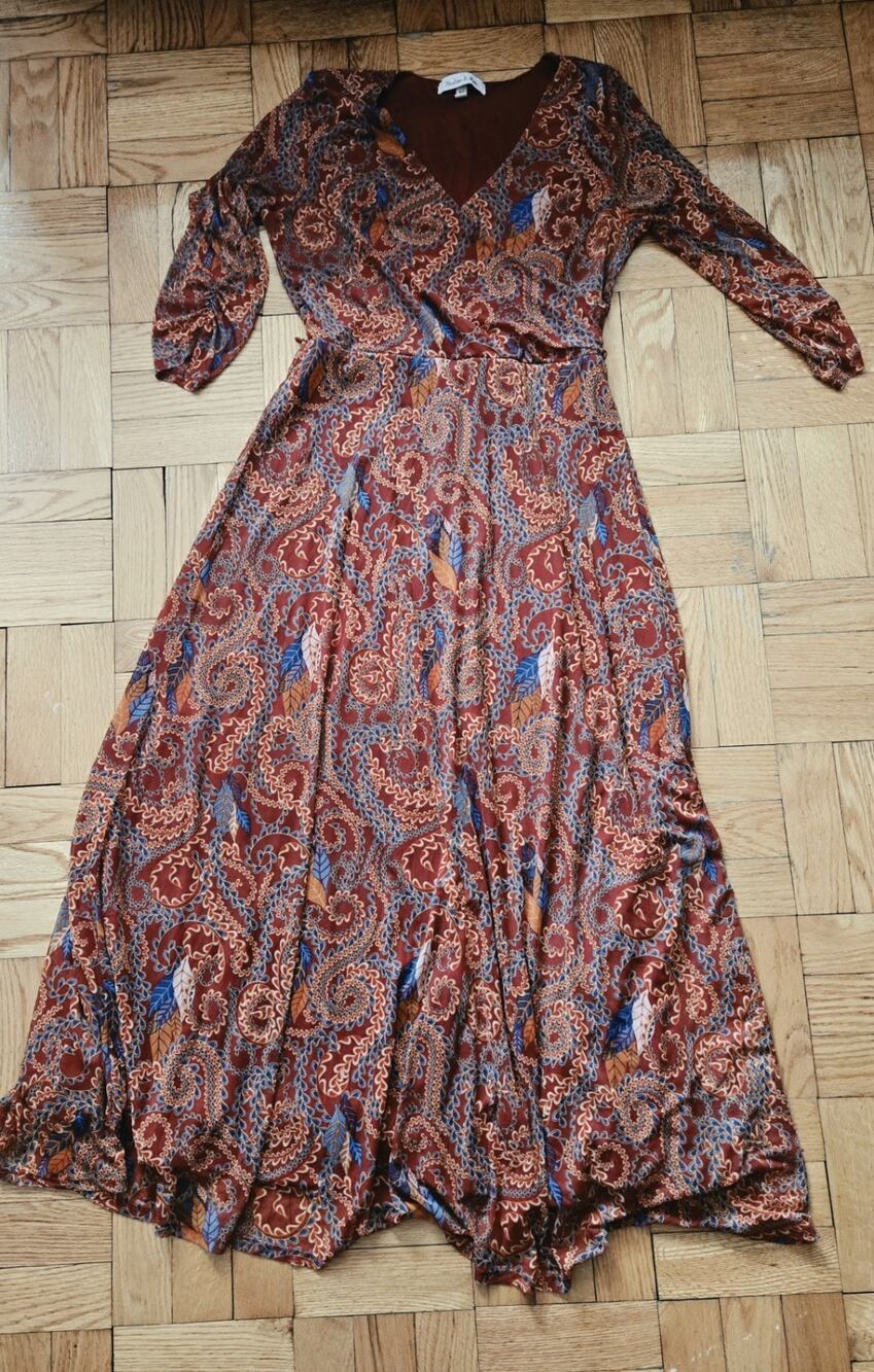 Harlow & Rose Midi Mesh Paisley Floral Red Wrap Dress Sz M 3/4 Sleeve